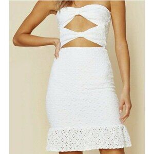 New Nightcap Clothing Crochet Bowtie Mini Dress Womens XS Dove White Cutouts